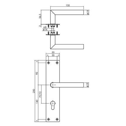 Intersteel Door handle Jura with shield 250x55x2mm profile cylinder hole 72mm black