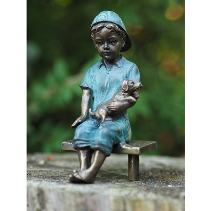 Bronzen beeld Jongen met hond 15x8x8cm