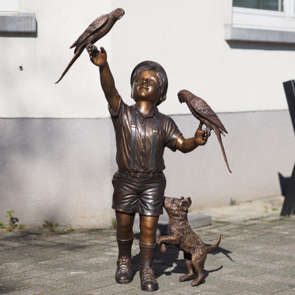 Bronzen beeld Jongen met vogeltjes en hond 104x50x75cm