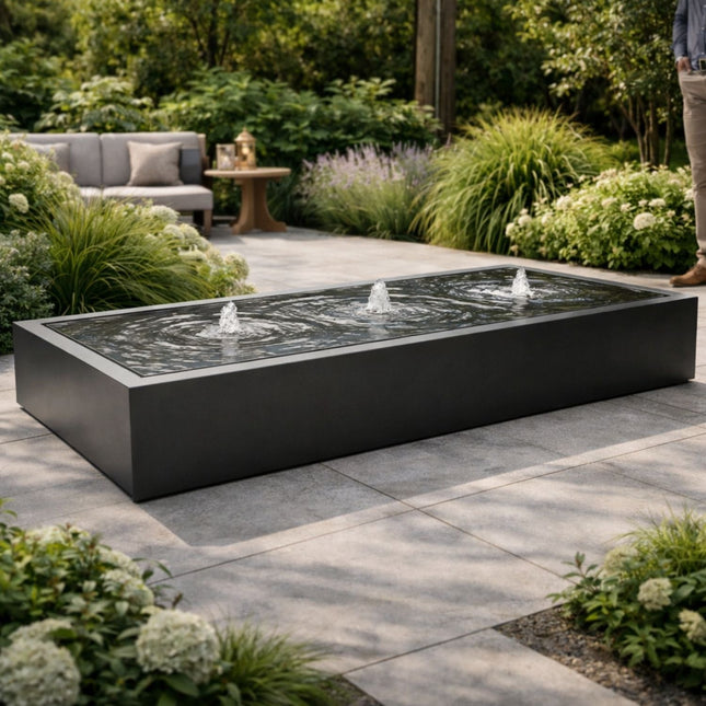 Langwerpige aluminium watertafel met fonteinen 300x120x40cm 88kg