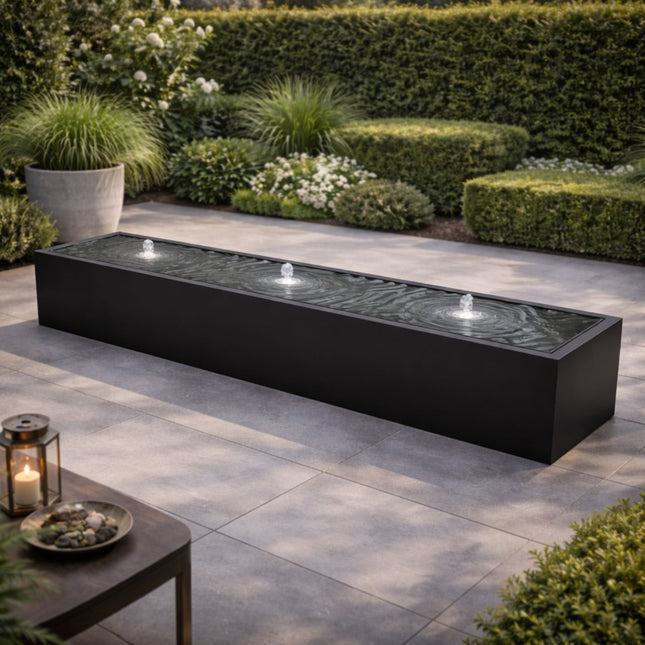 Langwerpige aluminium watertafel met fonteinen 300x60x40cm 57kg