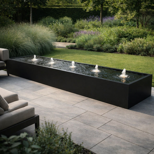 Langwerpige aluminium watertafel met fonteinen 500x100x40cm 124kg