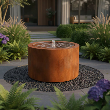 Ronde cortenstalen watertafel met fontein 125x50cm 120kg