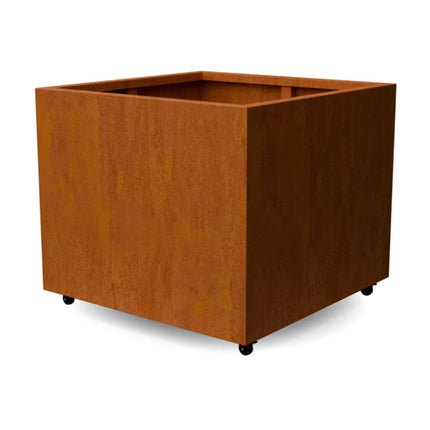 Vierkante cortenstalen plantenbak met wielen 100x100x80 cm
