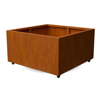 Vierkante cortenstalen plantenbak met wielen 120x120x60 cm