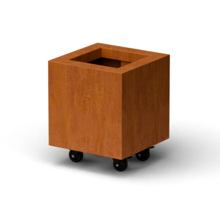 Vierkante cortenstalen plantenbak met wielen 30x30x30 cm