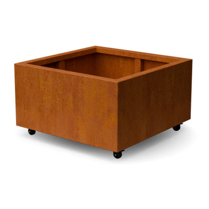 Vierkante cortenstalen plantenbak met wielen 80x80x40 cm