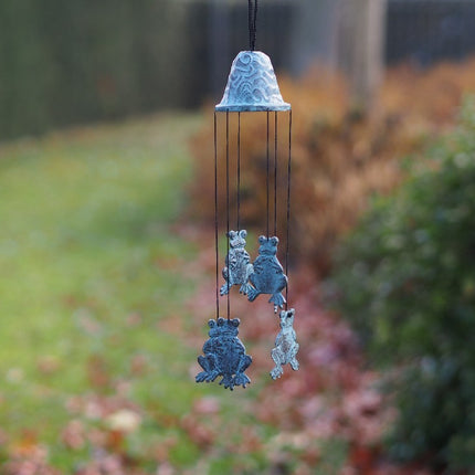 Bronzen beeld Windgong met kikkers 30x9x9cm