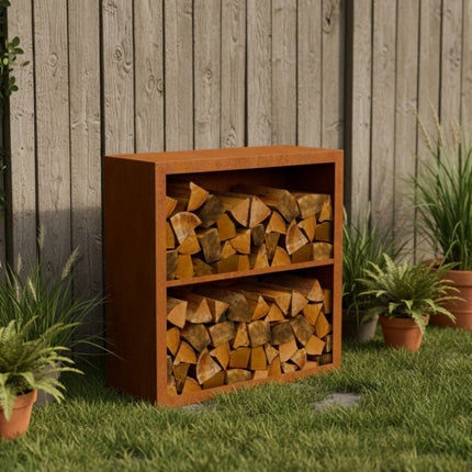 Cortenstalen houtopslag met 2 Vakken met achterwand 100x38,5x100 cm - Doika - Houtopslag - Geroba -  - EguraDC21AW