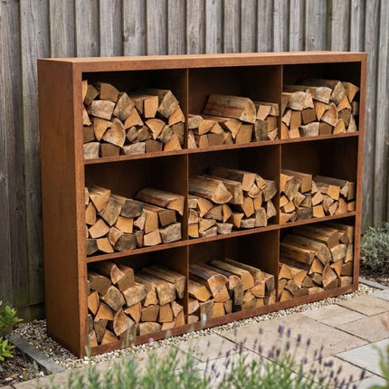 Cortenstalen houtopslag met 9 Vakken met achterwand 200x38,5x150 cm - Doika - Houtopslag - Geroba -  - EguraDC93AW