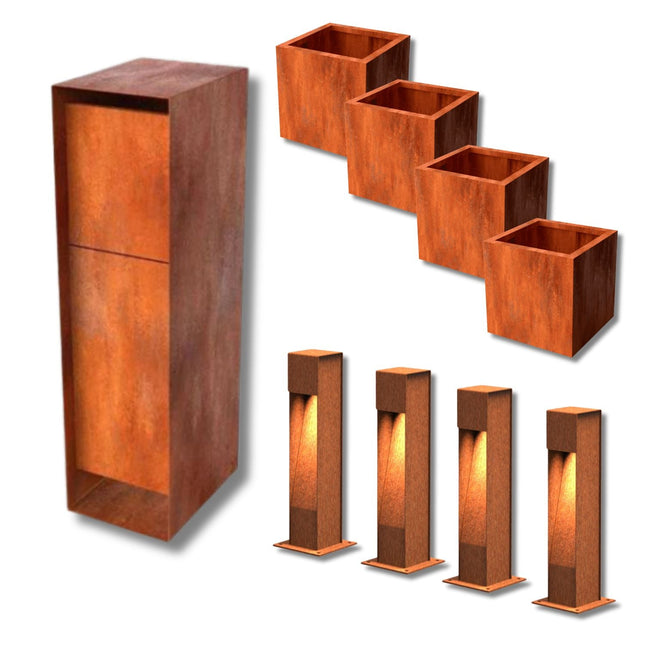 Doika’s Cortenstaal Tuinpakket – 9 - delige Set (variant P) - Doika - Tuinpakketten - Doika - 1x Pakun cortenstaal - 4x Quadra 50x50x50 cm - 4x Trillar 50cm