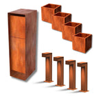 Doika’s Cortenstaal Tuinpakket – 9 - delige Set (variant T) - Doika - Tuinpakketten - Doika - 1x Pakun cortenstaal - 4x Quadra 50x50x50 cm - 4x Pillar 50cm