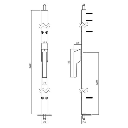 Intersteel Deurespagnolet niet afsluitbaar Links 2200mm aluminium - Doika - Deurespagnoletten - Intersteel - 8718419305174 - RB - 1422 - 22A - 71L