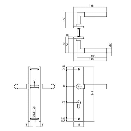 Intersteel Deurkruk Bau - Stil op schild 245x45 mm profielcilindergat 72 mm messing titaan PVD - Doika - Deurkrukken op schild - Intersteel - 8714186558188 - 13,174,236