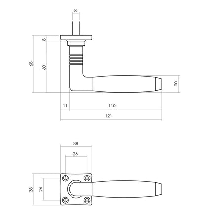 Intersteel Deurkruk Ton 400 met rozet 38x38x7mm messing getrommeld/ebbenhout - Doika - Deurkrukken op rozet - Intersteel - 8714186485811 - 11,037,702