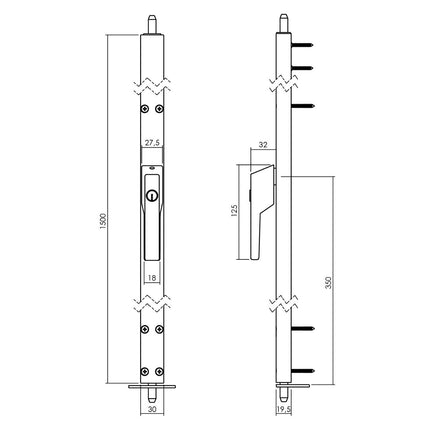 Intersteel Raamespagnolet afsluitbaar Links 1500mm met uitwisselbare cilinder aluminium - Doika - Raamespagnoletten - Intersteel - 8718419305112 - SI - 1428 - 15A - 71L