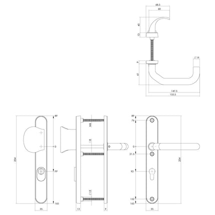 Intersteel Veiligheidsbeslag SKG*** profielcilindergat 92 mm verkropt met kerntrekbeveiliging rvs geborsteld - Doika - Voordeurbeslag op schild - Intersteel - 8714186395394 - 35,398,549