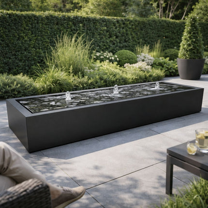 Langwerpige aluminium watertafel met fonteinen 300x80x40cm 70kg - Gitzwart (RAL 9005) - Doika - Watertafel - Geroba -  - TaulaAA7
