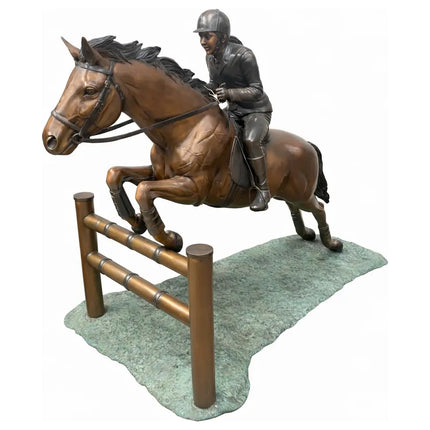 Tuinbeeld Springend Paard Met Jockey Brons