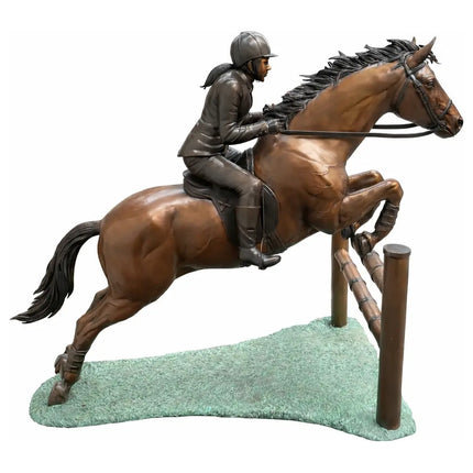 Tuinbeeld Springend Paard Met Jockey Brons