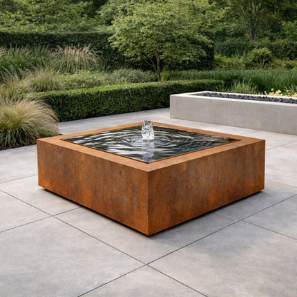 Vierkante cortenstaal watertafel met fontein 100x100x40cm 88kg - Doika - Watertafel - Geroba -  - TaulaQC2